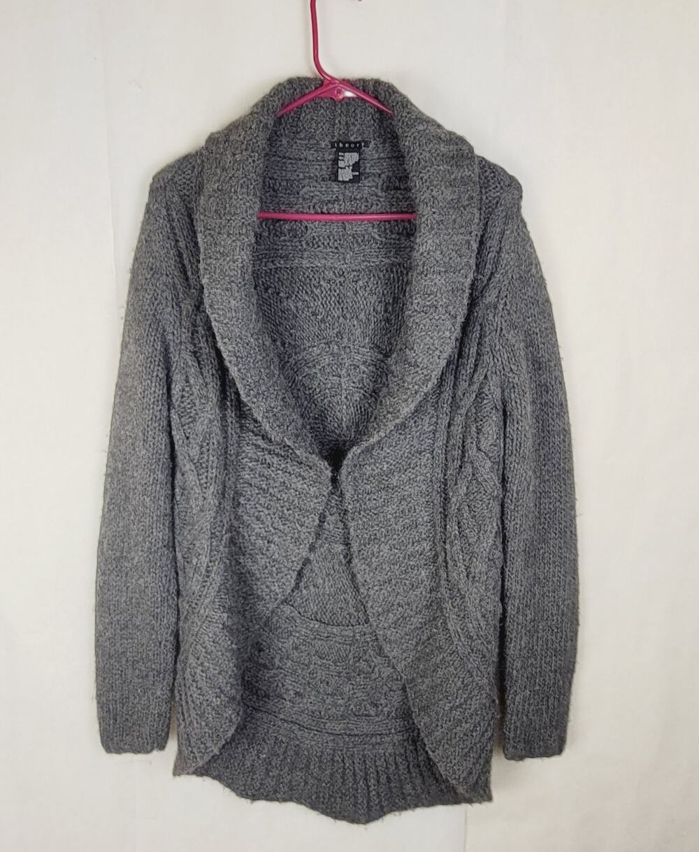 Theory grey wool alpaca cable knit cardigan Size Sm shawl collar medallion back